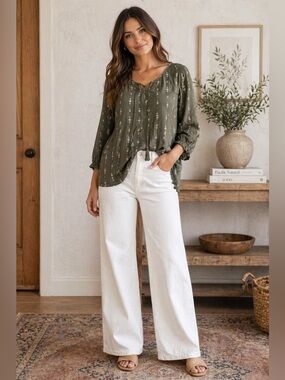 Sonoma Olive Green Boho Floral Blouse Size L Peasant Top Tassel Tie Flowy
